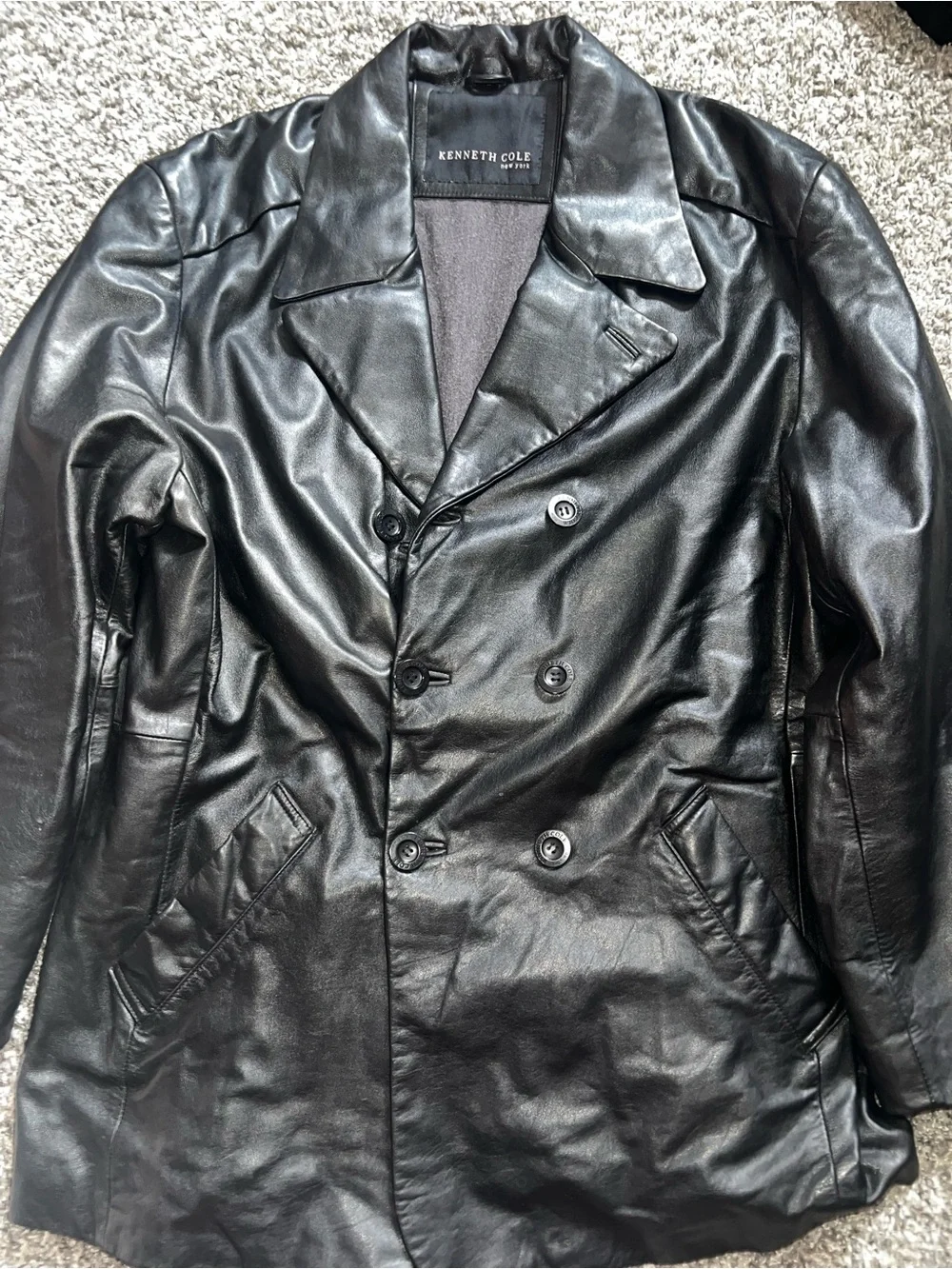 Kenneth Cole Black Double-Breasted Leather Pea Coat - Picture 2 of 4